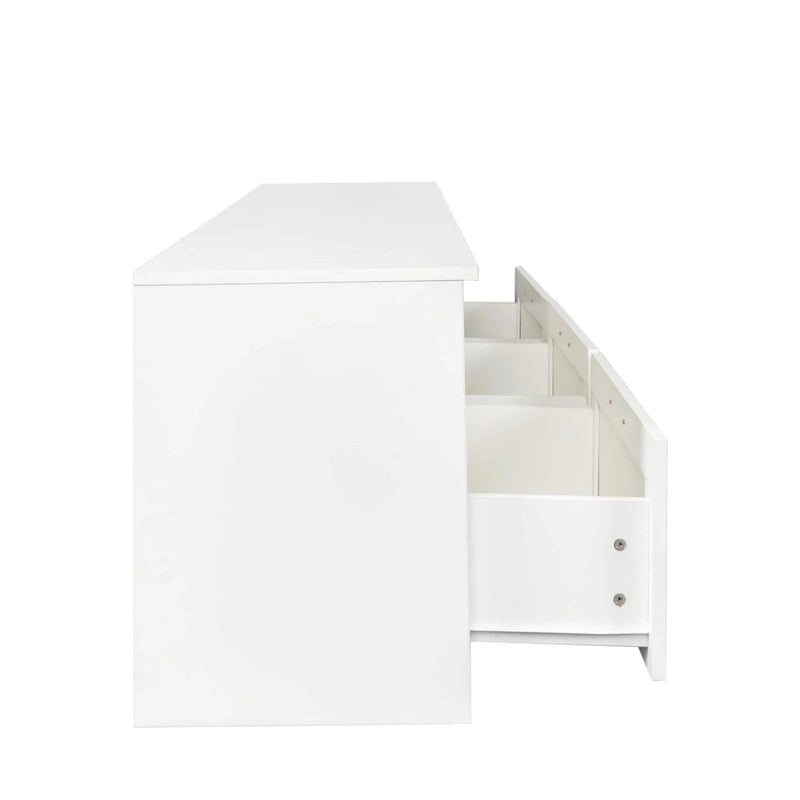 Meuble TV avec 3 étagères ouvertes et 3 tiroirs – Noir/Blanc, Panneau de densité minimaliste moderne, 1 à 2 utilisateurs