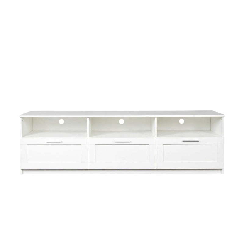 Meuble TV avec 3 étagères ouvertes et 3 tiroirs – Noir/Blanc, Panneau de densité minimaliste moderne, 1 à 2 utilisateurs