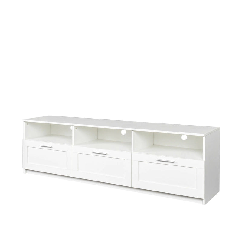 Meuble TV avec 3 étagères ouvertes et 3 tiroirs – Noir/Blanc, Panneau de densité minimaliste moderne, 1 à 2 utilisateurs