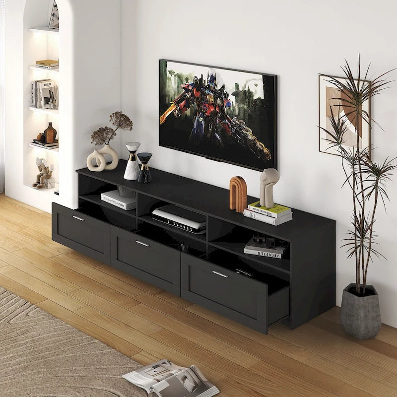 Meuble TV avec 3 étagères ouvertes et 3 tiroirs – Noir/Blanc, Panneau de densité minimaliste moderne, 1 à 2 utilisateurs