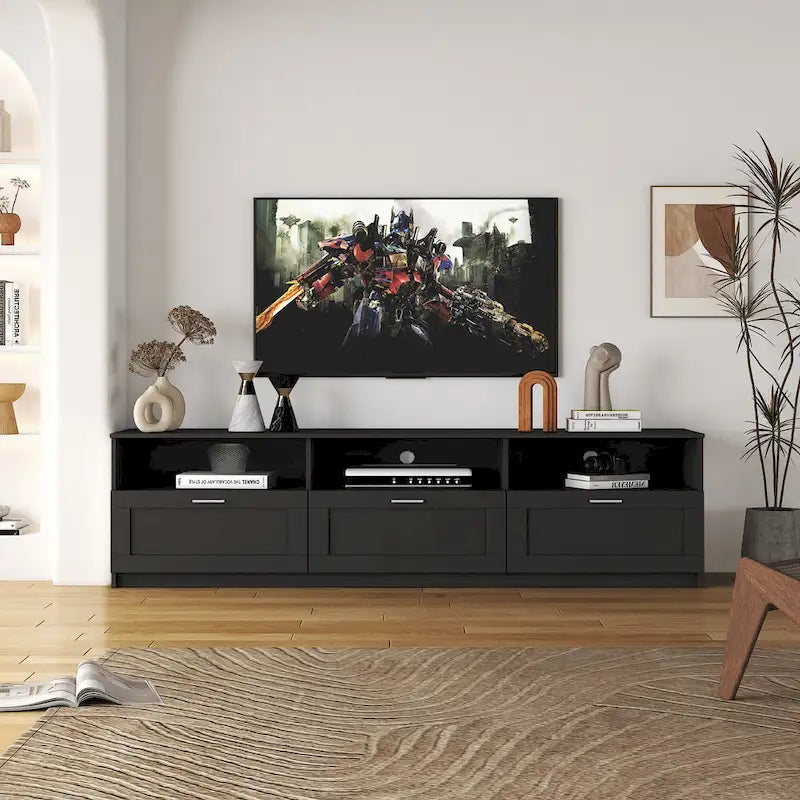 Meuble TV avec 3 étagères ouvertes et 3 tiroirs – Noir/Blanc, Panneau de densité minimaliste moderne, 1 à 2 utilisateurs