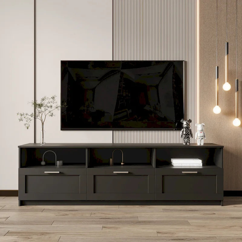 Meuble TV avec 3 étagères ouvertes et 3 tiroirs – Noir/Blanc, Panneau de densité minimaliste moderne, 1 à 2 utilisateurs
