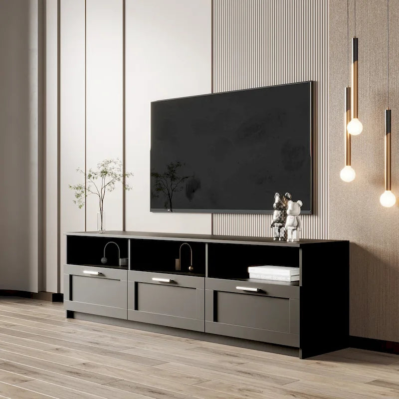 Meuble TV avec 3 étagères ouvertes et 3 tiroirs – Noir/Blanc, Panneau de densité minimaliste moderne, 1 à 2 utilisateurs