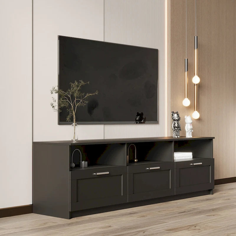 Meuble TV avec 3 étagères ouvertes et 3 tiroirs – Noir/Blanc, Panneau de densité minimaliste moderne, 1 à 2 utilisateurs