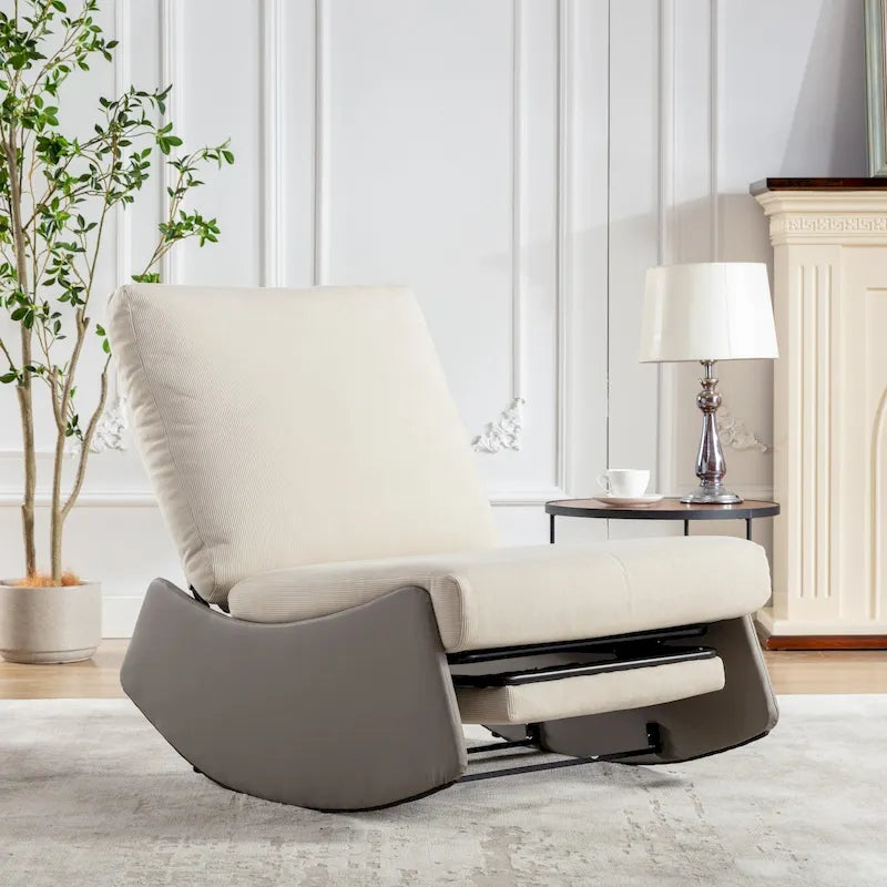 Fauteuil à bascule et inclinable en velours côtelé avec repose-pieds – Monoplace (Gris+Beige / Orange+Beige)