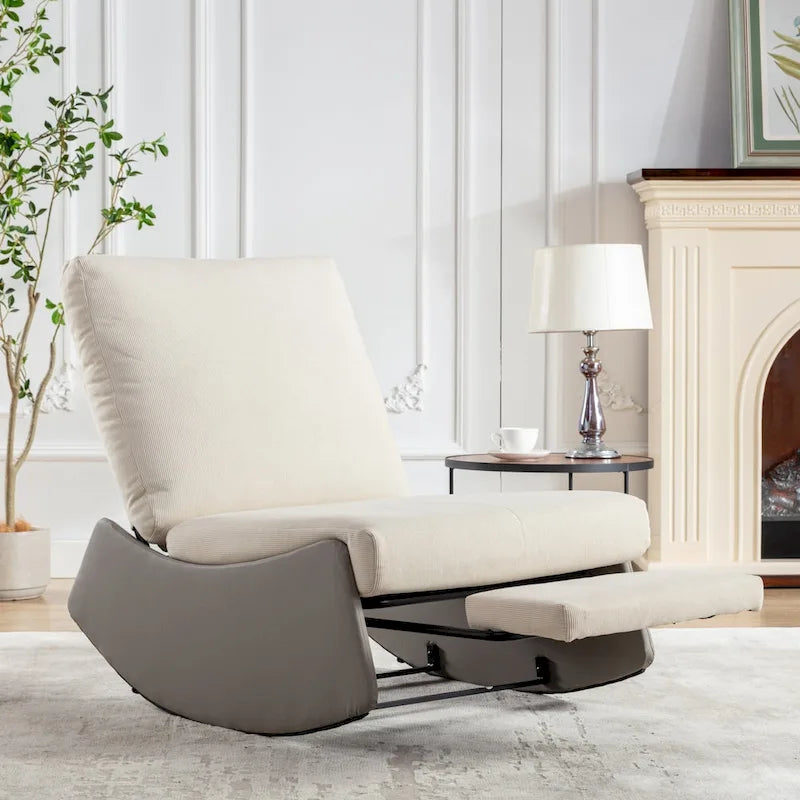 Fauteuil à bascule et inclinable en velours côtelé avec repose-pieds – Monoplace (Gris+Beige / Orange+Beige)