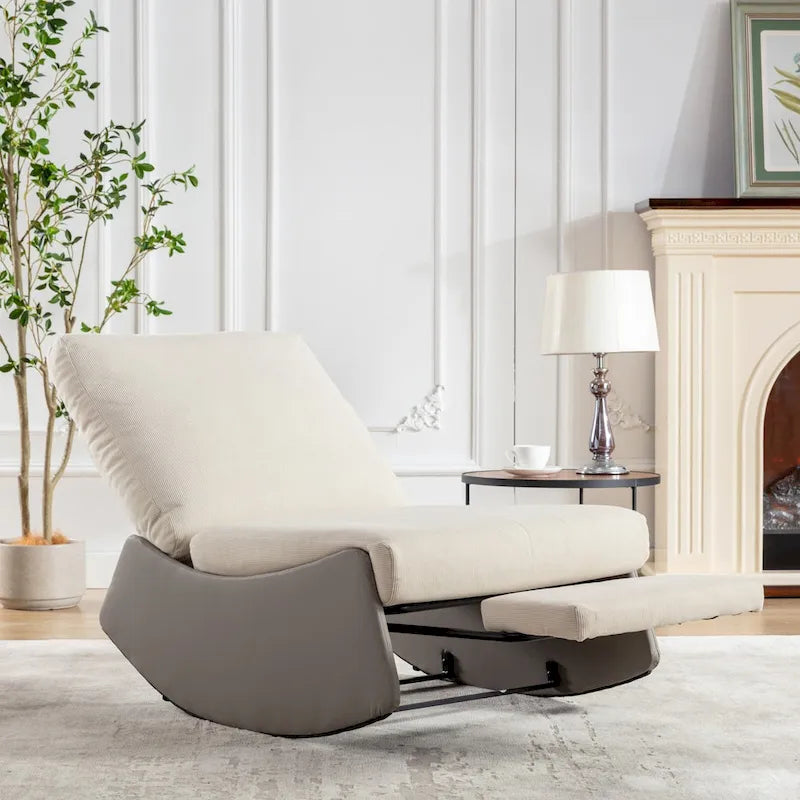 Fauteuil à bascule et inclinable en velours côtelé avec repose-pieds – Monoplace (Gris+Beige / Orange+Beige)