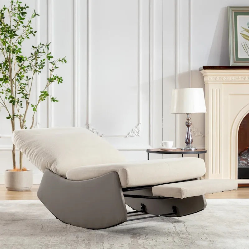Fauteuil à bascule et inclinable en velours côtelé avec repose-pieds – Monoplace (Gris+Beige / Orange+Beige)
