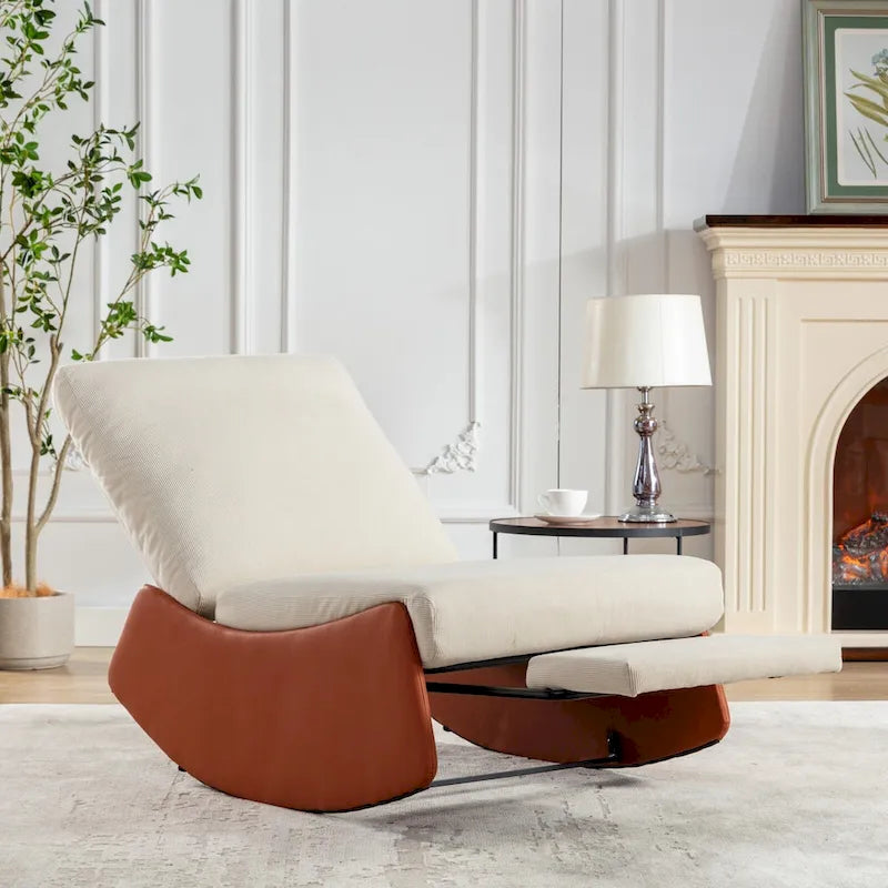 Fauteuil à bascule et inclinable en velours côtelé avec repose-pieds – Monoplace (Gris+Beige / Orange+Beige)