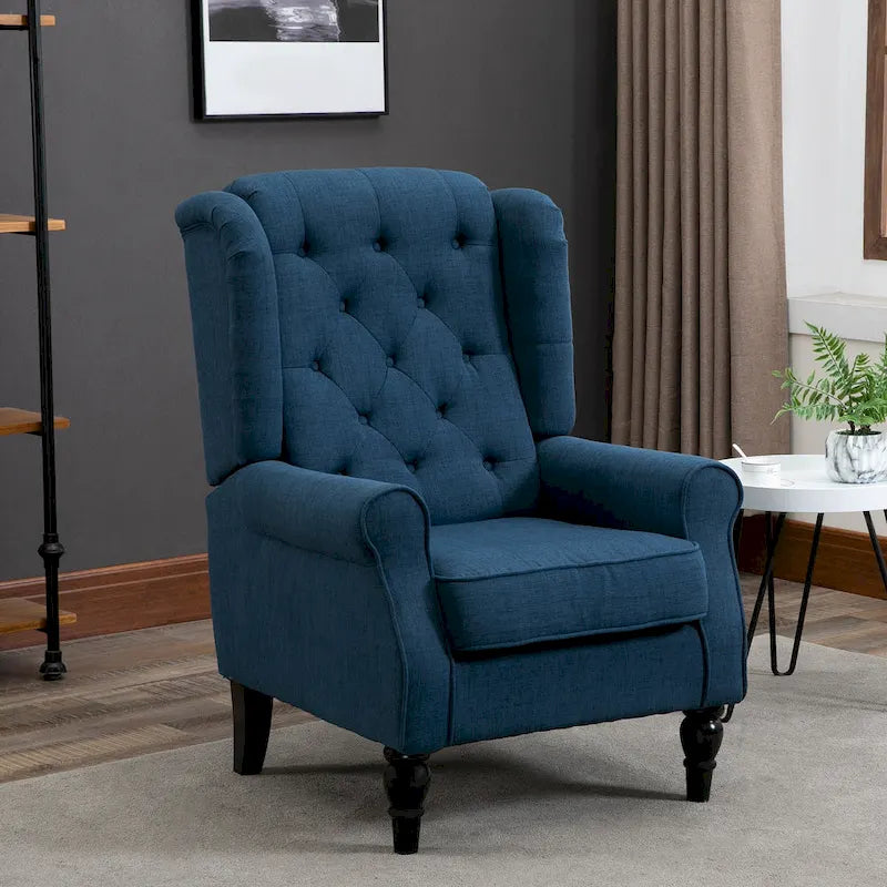 Fauteuil d'appoint bleu en tissu à haut dossier et capitons pour 1 personne
