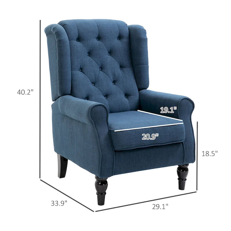 Fauteuil d'appoint bleu en tissu à haut dossier et capitons pour 1 personne
