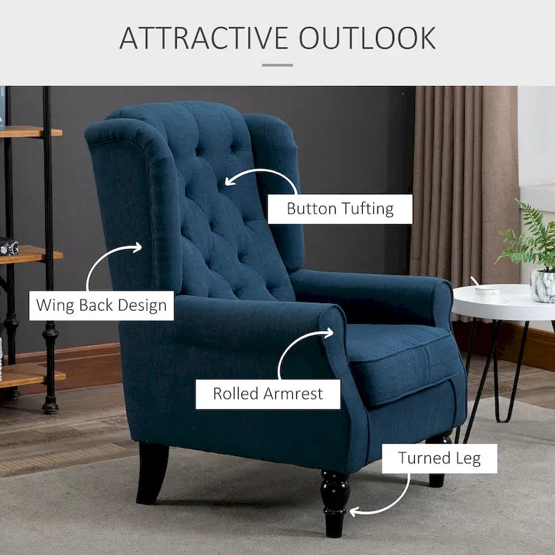 Fauteuil d'appoint bleu en tissu à haut dossier et capitons pour 1 personne
