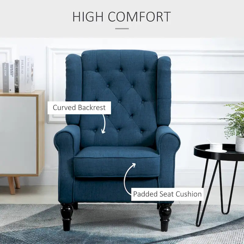 Fauteuil d'appoint bleu en tissu à haut dossier et capitons pour 1 personne