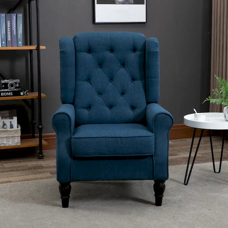 Fauteuil d'appoint bleu en tissu à haut dossier et capitons pour 1 personne