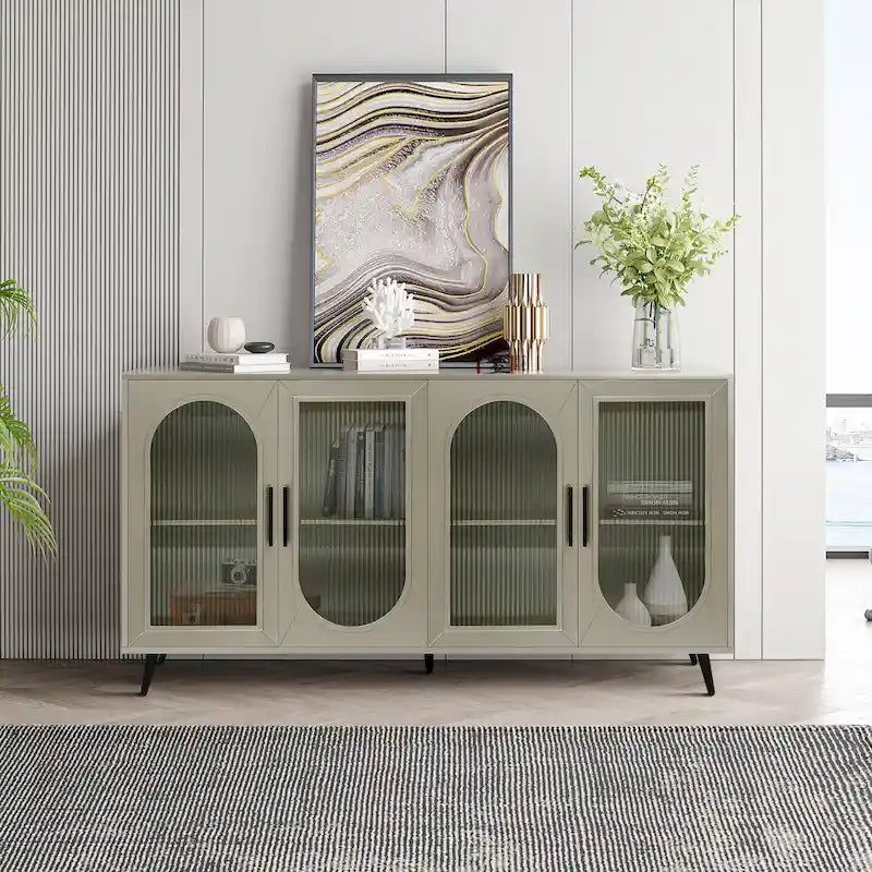 Meuble TV avec armoire de rangement et portes en verre – Bleu marine / Blanc antique / Or antique, MDF et pieds en fer style médiéval vintage, 1–2 utilisateurs