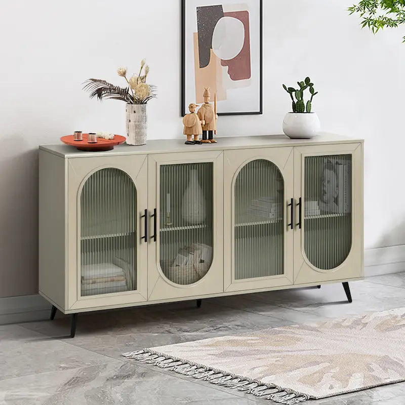 Meuble TV avec armoire de rangement et portes en verre – Bleu marine / Blanc antique / Or antique, MDF et pieds en fer style médiéval vintage, 1–2 utilisateurs