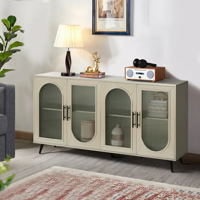 Meuble TV avec armoire de rangement et portes en verre – Bleu marine / Blanc antique / Or antique, MDF et pieds en fer style médiéval vintage, 1–2 utilisateurs