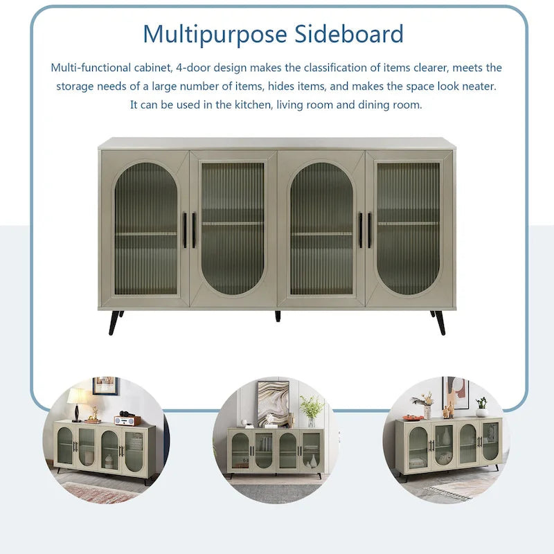 Meuble TV avec armoire de rangement et portes en verre – Bleu marine / Blanc antique / Or antique, MDF et pieds en fer style médiéval vintage, 1–2 utilisateurs