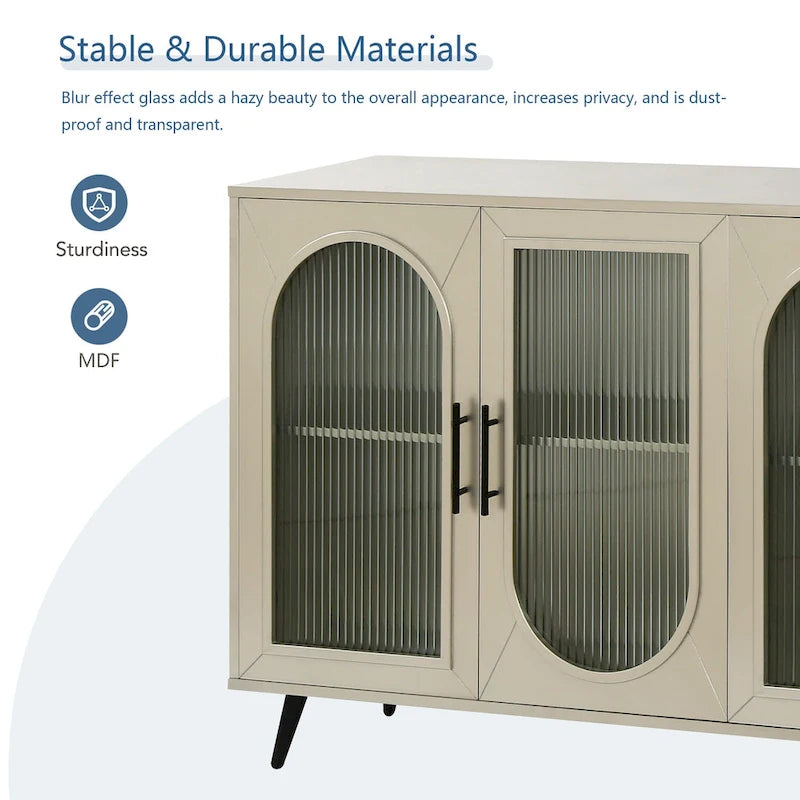 Meuble TV avec armoire de rangement et portes en verre – Bleu marine / Blanc antique / Or antique, MDF et pieds en fer style médiéval vintage, 1–2 utilisateurs