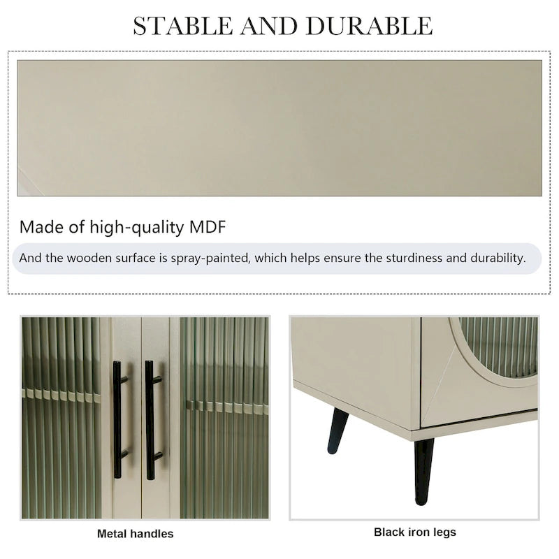 Meuble TV avec armoire de rangement et portes en verre – Bleu marine / Blanc antique / Or antique, MDF et pieds en fer style médiéval vintage, 1–2 utilisateurs