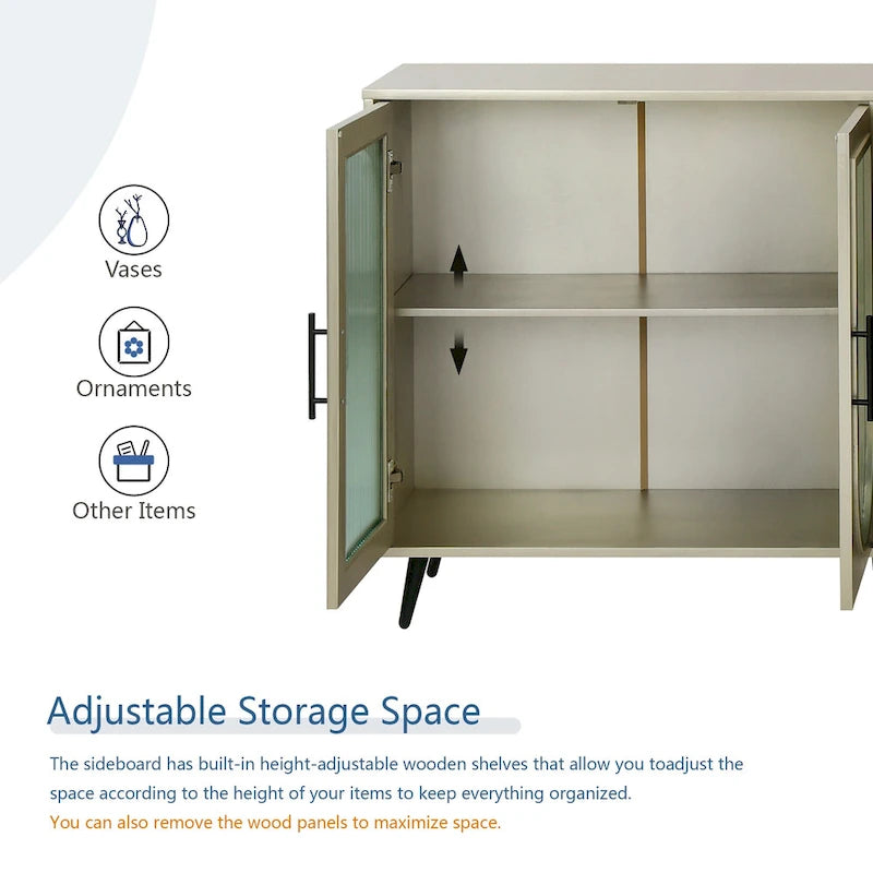 Meuble TV avec armoire de rangement et portes en verre – Bleu marine / Blanc antique / Or antique, MDF et pieds en fer style médiéval vintage, 1–2 utilisateurs