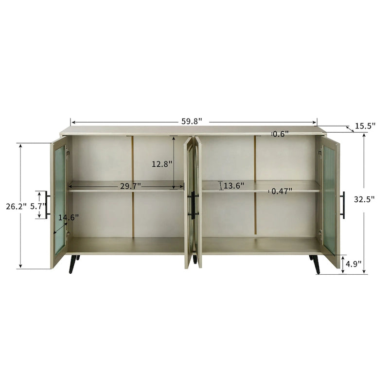 Meuble TV avec armoire de rangement et portes en verre – Bleu marine / Blanc antique / Or antique, MDF et pieds en fer style médiéval vintage, 1–2 utilisateurs