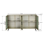 Meuble TV avec armoire de rangement et portes en verre – Bleu marine / Blanc antique / Or antique, MDF et pieds en fer style médiéval vintage, 1–2 utilisateurs