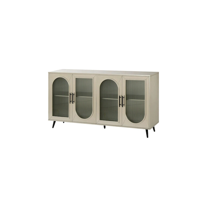 Meuble TV avec armoire de rangement et portes en verre – Bleu marine / Blanc antique / Or antique, MDF et pieds en fer style médiéval vintage, 1–2 utilisateurs