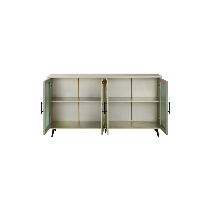 Meuble TV avec armoire de rangement et portes en verre – Bleu marine / Blanc antique / Or antique, MDF et pieds en fer style médiéval vintage, 1–2 utilisateurs