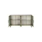Meuble TV avec armoire de rangement et portes en verre – Bleu marine / Blanc antique / Or antique, MDF et pieds en fer style médiéval vintage, 1–2 utilisateurs