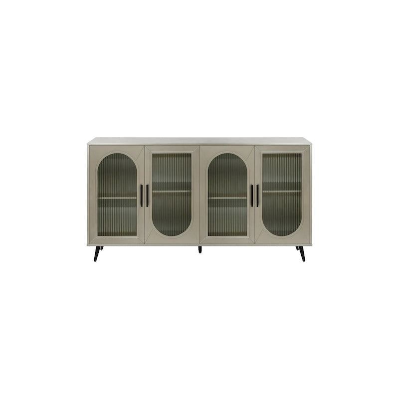 Meuble TV avec armoire de rangement et portes en verre – Bleu marine / Blanc antique / Or antique, MDF et pieds en fer style médiéval vintage, 1–2 utilisateurs