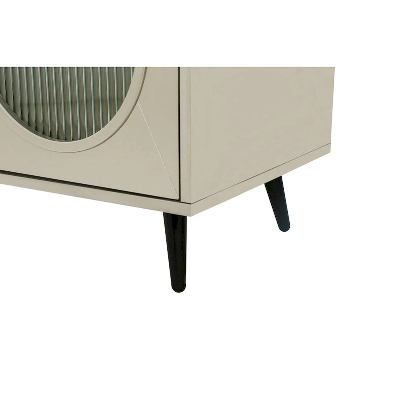 Meuble TV avec armoire de rangement et portes en verre – Bleu marine / Blanc antique / Or antique, MDF et pieds en fer style médiéval vintage, 1–2 utilisateurs