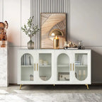 Meuble TV avec armoire de rangement et portes en verre – Bleu marine / Blanc antique / Or antique, MDF et pieds en fer style médiéval vintage, 1–2 utilisateurs