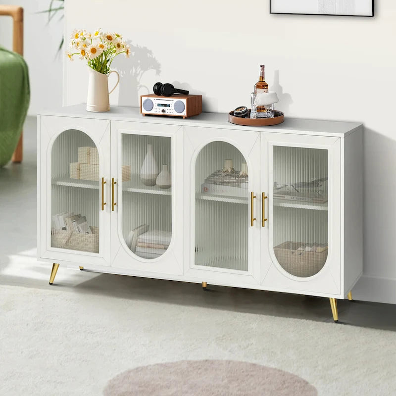 Meuble TV avec armoire de rangement et portes en verre – Bleu marine / Blanc antique / Or antique, MDF et pieds en fer style médiéval vintage, 1–2 utilisateurs