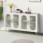Meuble TV avec armoire de rangement et portes en verre – Bleu marine / Blanc antique / Or antique, MDF et pieds en fer style médiéval vintage, 1–2 utilisateurs