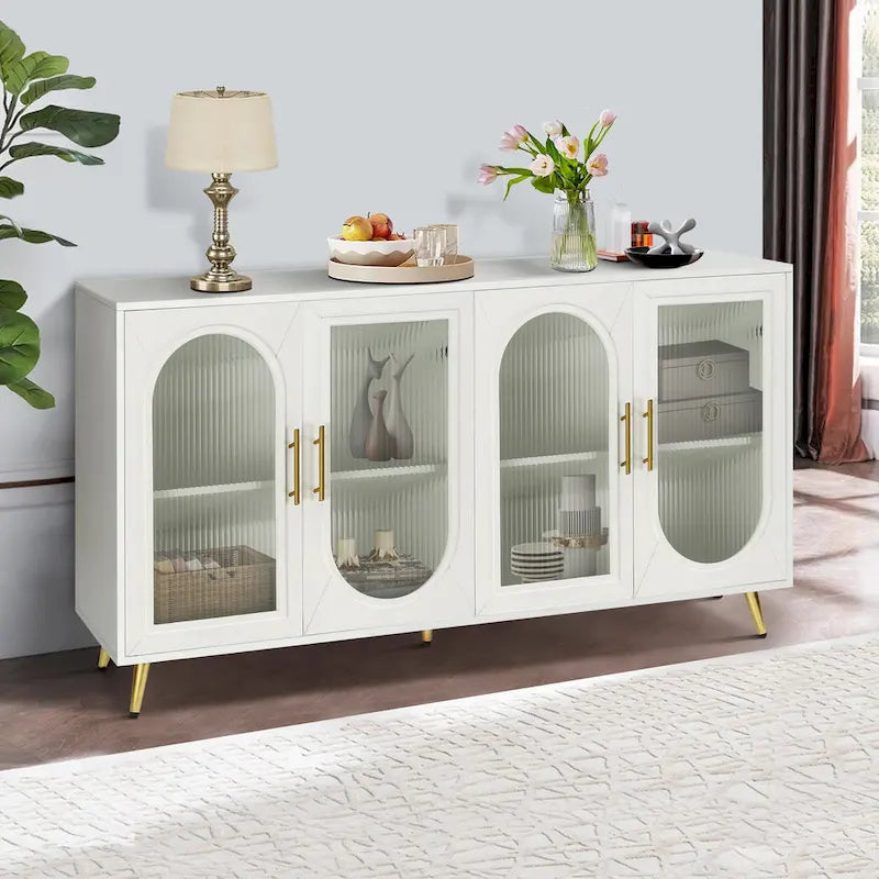Meuble TV avec armoire de rangement et portes en verre – Bleu marine / Blanc antique / Or antique, MDF et pieds en fer style médiéval vintage, 1–2 utilisateurs