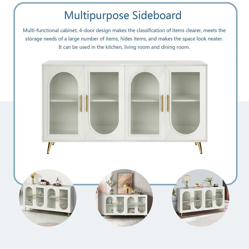 Meuble TV avec armoire de rangement et portes en verre – Bleu marine / Blanc antique / Or antique, MDF et pieds en fer style médiéval vintage, 1–2 utilisateurs