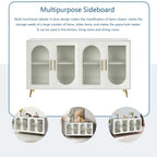 Meuble TV avec armoire de rangement et portes en verre – Bleu marine / Blanc antique / Or antique, MDF et pieds en fer style médiéval vintage, 1–2 utilisateurs