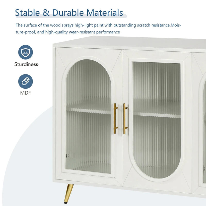 Meuble TV avec armoire de rangement et portes en verre – Bleu marine / Blanc antique / Or antique, MDF et pieds en fer style médiéval vintage, 1–2 utilisateurs
