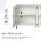 Meuble TV avec armoire de rangement et portes en verre – Bleu marine / Blanc antique / Or antique, MDF et pieds en fer style médiéval vintage, 1–2 utilisateurs
