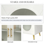 Meuble TV avec armoire de rangement et portes en verre – Bleu marine / Blanc antique / Or antique, MDF et pieds en fer style médiéval vintage, 1–2 utilisateurs