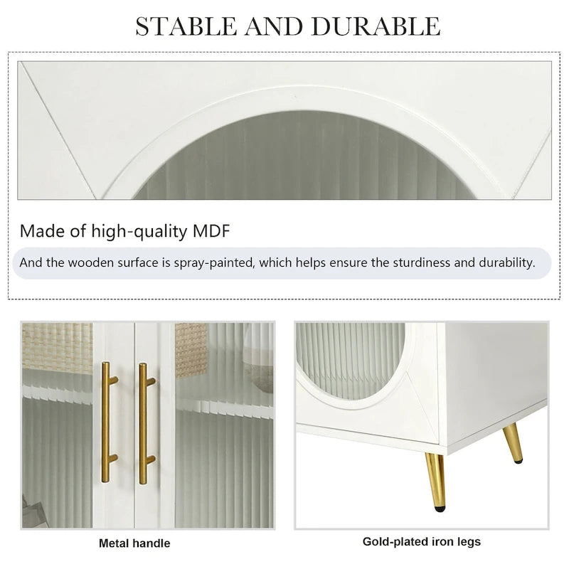 Meuble TV avec armoire de rangement et portes en verre – Bleu marine / Blanc antique / Or antique, MDF et pieds en fer style médiéval vintage, 1–2 utilisateurs