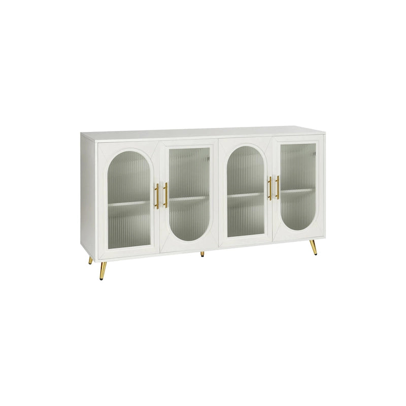 Meuble TV avec armoire de rangement et portes en verre – Bleu marine / Blanc antique / Or antique, MDF et pieds en fer style médiéval vintage, 1–2 utilisateurs