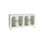 Meuble TV avec armoire de rangement et portes en verre – Bleu marine / Blanc antique / Or antique, MDF et pieds en fer style médiéval vintage, 1–2 utilisateurs