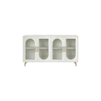 Meuble TV avec armoire de rangement et portes en verre – Bleu marine / Blanc antique / Or antique, MDF et pieds en fer style médiéval vintage, 1–2 utilisateurs