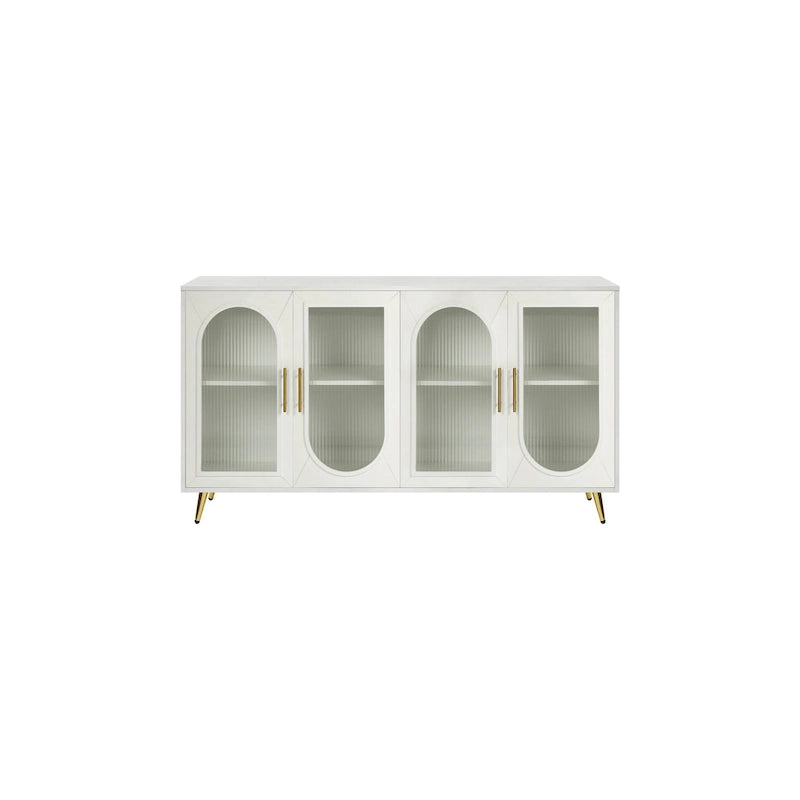 Meuble TV avec armoire de rangement et portes en verre – Bleu marine / Blanc antique / Or antique, MDF et pieds en fer style médiéval vintage, 1–2 utilisateurs