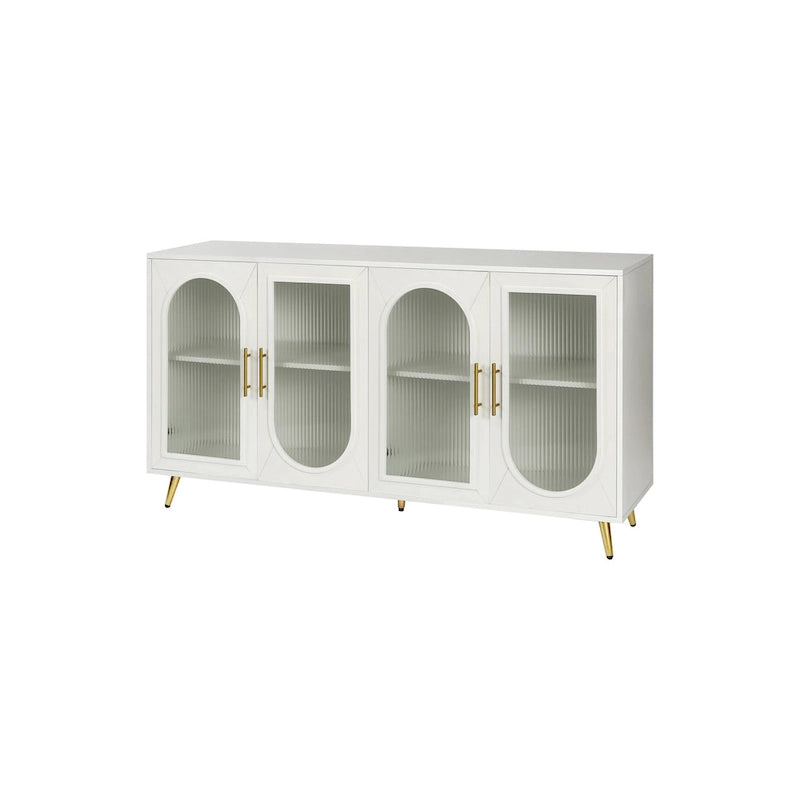 Meuble TV avec armoire de rangement et portes en verre – Bleu marine / Blanc antique / Or antique, MDF et pieds en fer style médiéval vintage, 1–2 utilisateurs