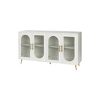 Meuble TV avec armoire de rangement et portes en verre – Bleu marine / Blanc antique / Or antique, MDF et pieds en fer style médiéval vintage, 1–2 utilisateurs