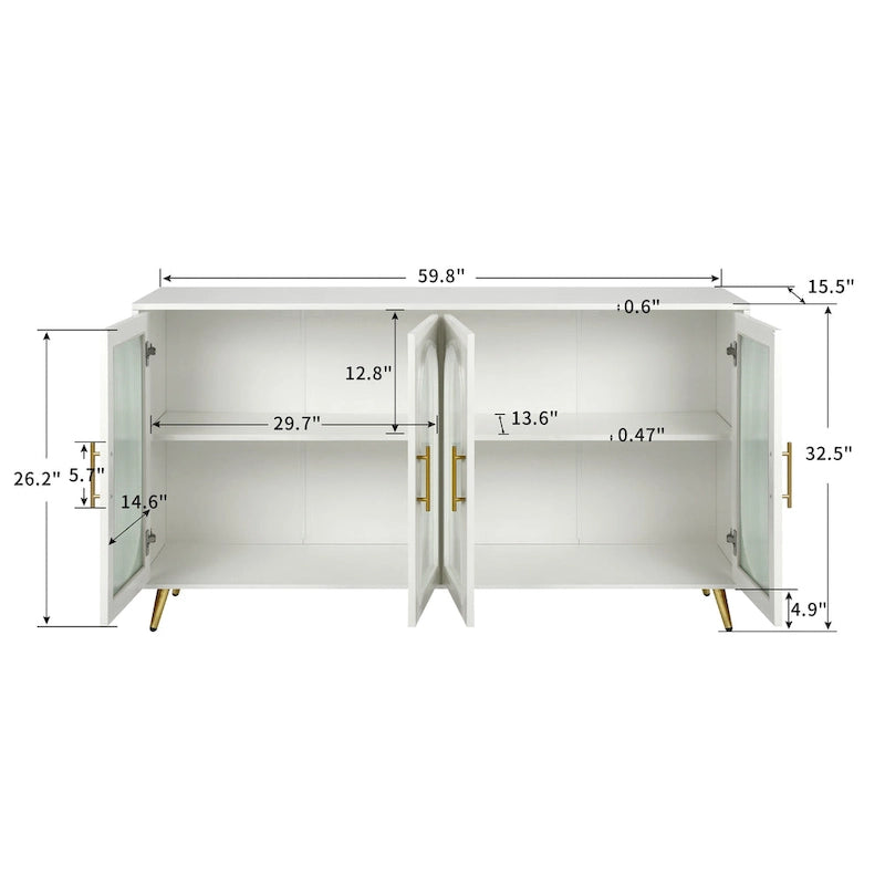 Meuble TV avec armoire de rangement et portes en verre – Bleu marine / Blanc antique / Or antique, MDF et pieds en fer style médiéval vintage, 1–2 utilisateurs