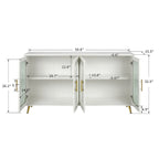Meuble TV avec armoire de rangement et portes en verre – Bleu marine / Blanc antique / Or antique, MDF et pieds en fer style médiéval vintage, 1–2 utilisateurs